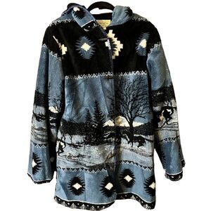 Vintage St Johns Bay USA Fleece Aztec Horse Patterned Jacket Hooded Fleece Sz L